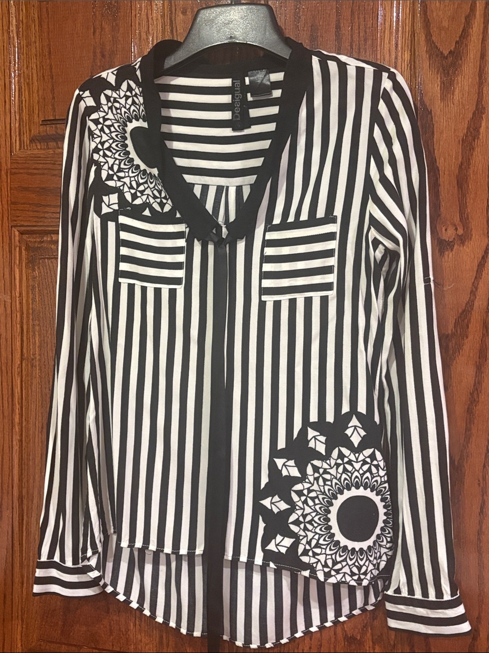Desigual Black and White Striped Long-Sleeve V-Neck Blouse